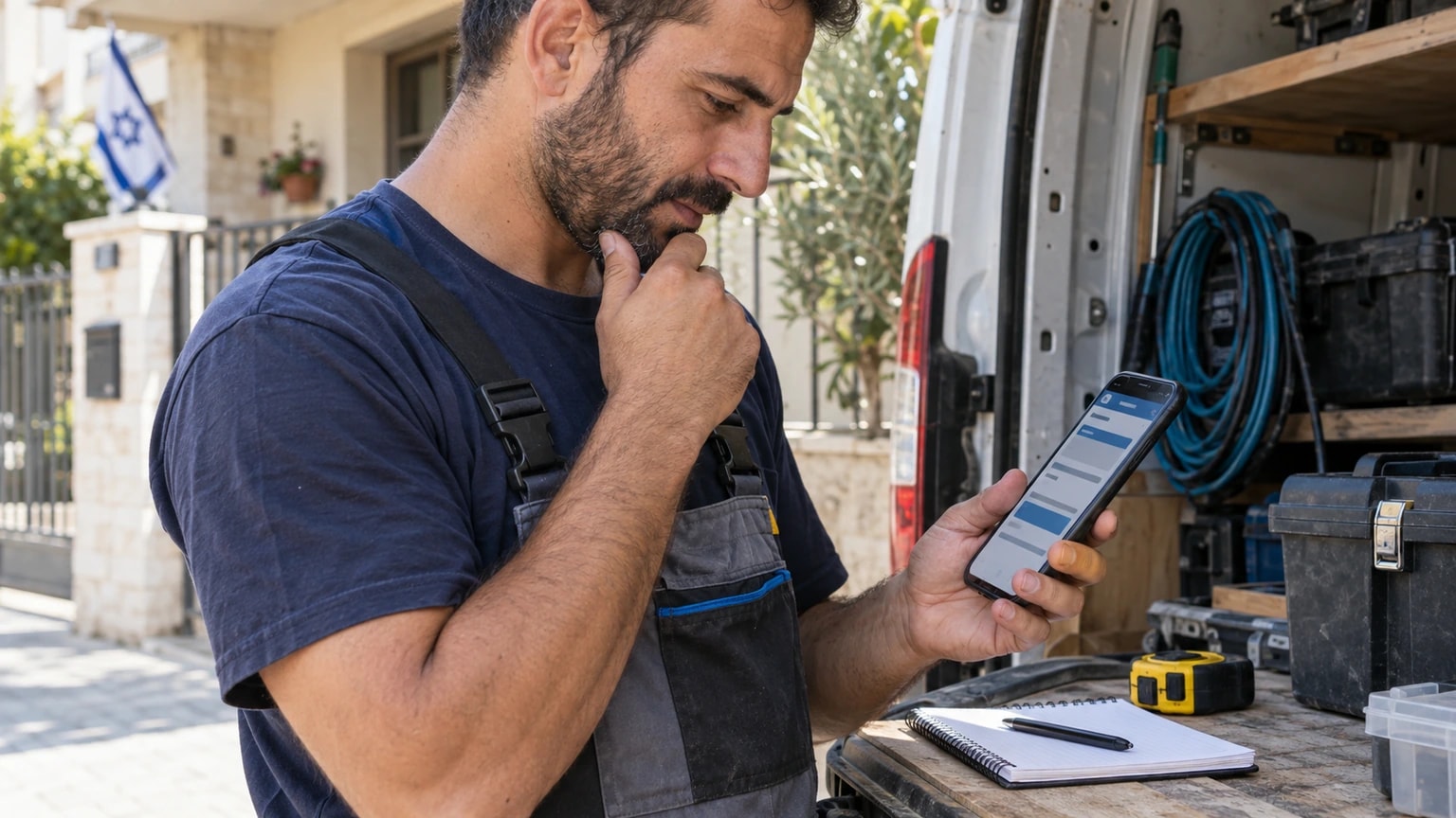 בעל מקצוע בוחן פרטי הזדמנות עבודה בטלפון ליד רכב העבודה